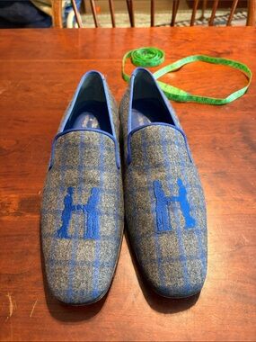 Men's Gray Plaid Slip-On Loafers with Blue Embroidered Detail